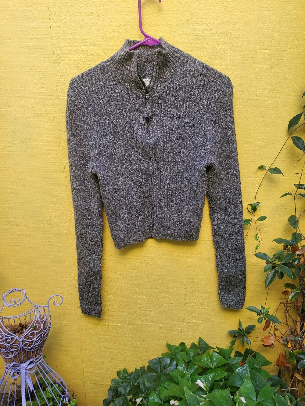aerie Gray Ribbed Half-Zip Turtleneck Sweater